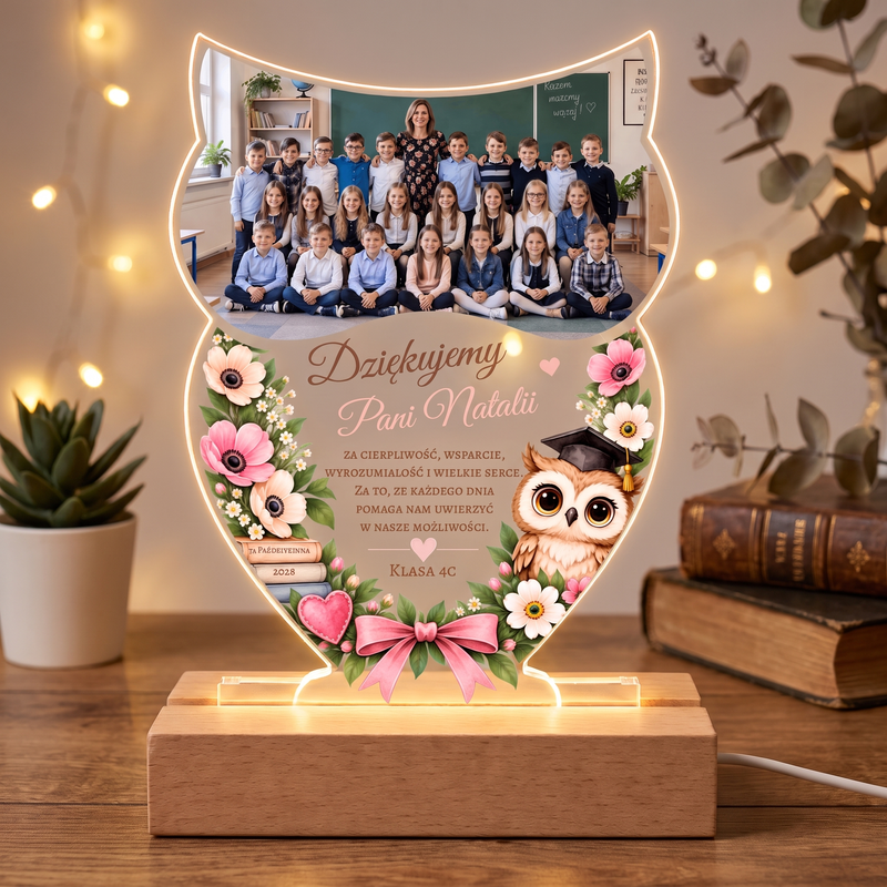 Personalizowana ramka LED Sowa ze zdjęciem klasy – prezent na Dzień Nauczyciela