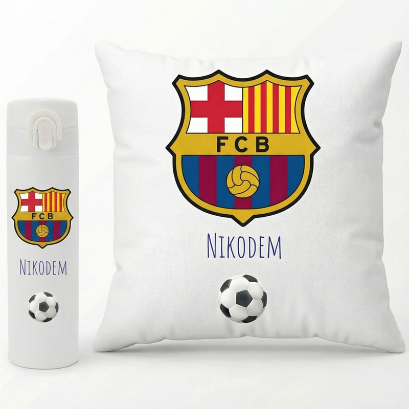 Zestaw FC Barcelona: kubek termiczny 350 ml + poduszka z imieniem