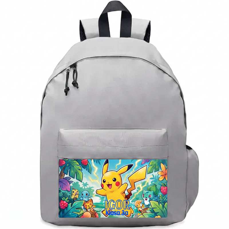Personalizowany szary plecak Pokémon Pikachu z imieniem i klasą – plecak szkolny dla dziecka