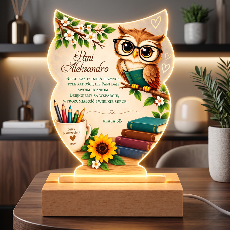 Podświetlana ramka LED z Personalizowana ramka LED Sowa na Dzień Nauczyciela – prezent z podziękowaniemi zdjęciem – Prezent dla Nauczyciela