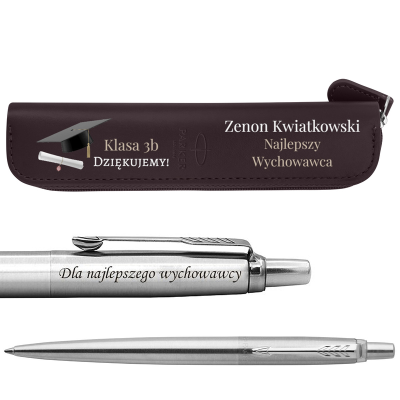 Długopis Parker Jotter CT Stalowy z grawerem + etui Burgundy z nadrukiem UV