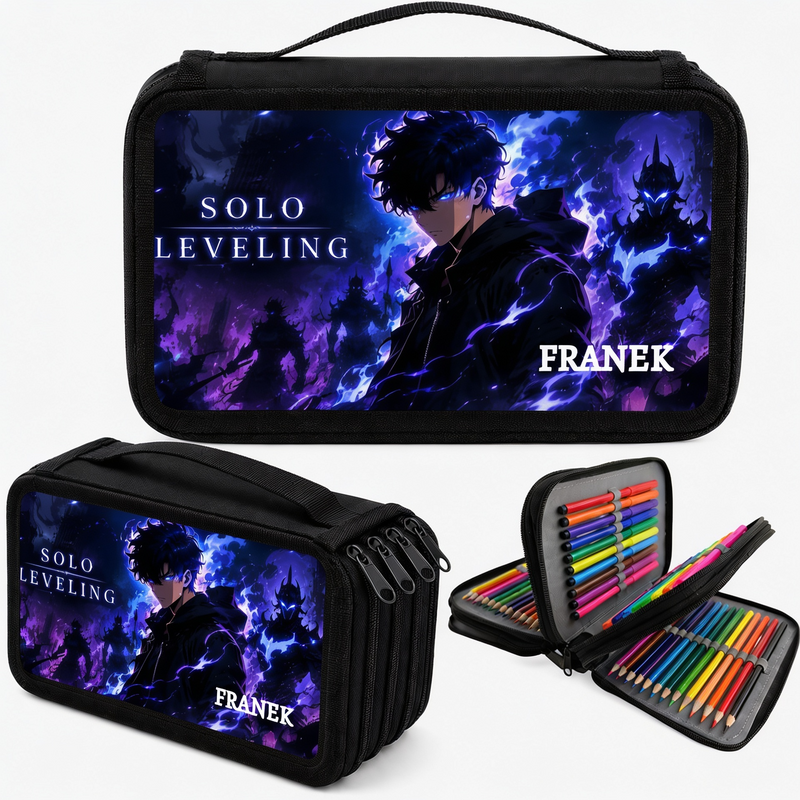 Personalizowany piórnik czterokomorowy Solo Leveling z imieniem – piórnik dla fana anime