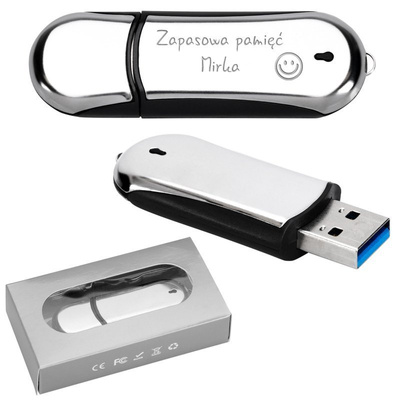 Chromowo-czarny pendrive 16 GB ze stali z grawerem laserowym