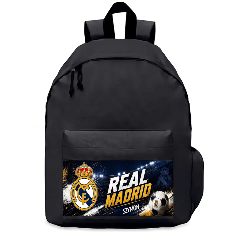Personalizowany plecak Real Madrid z imieniem – czarny plecak szkolny dla fana piłki nożnej